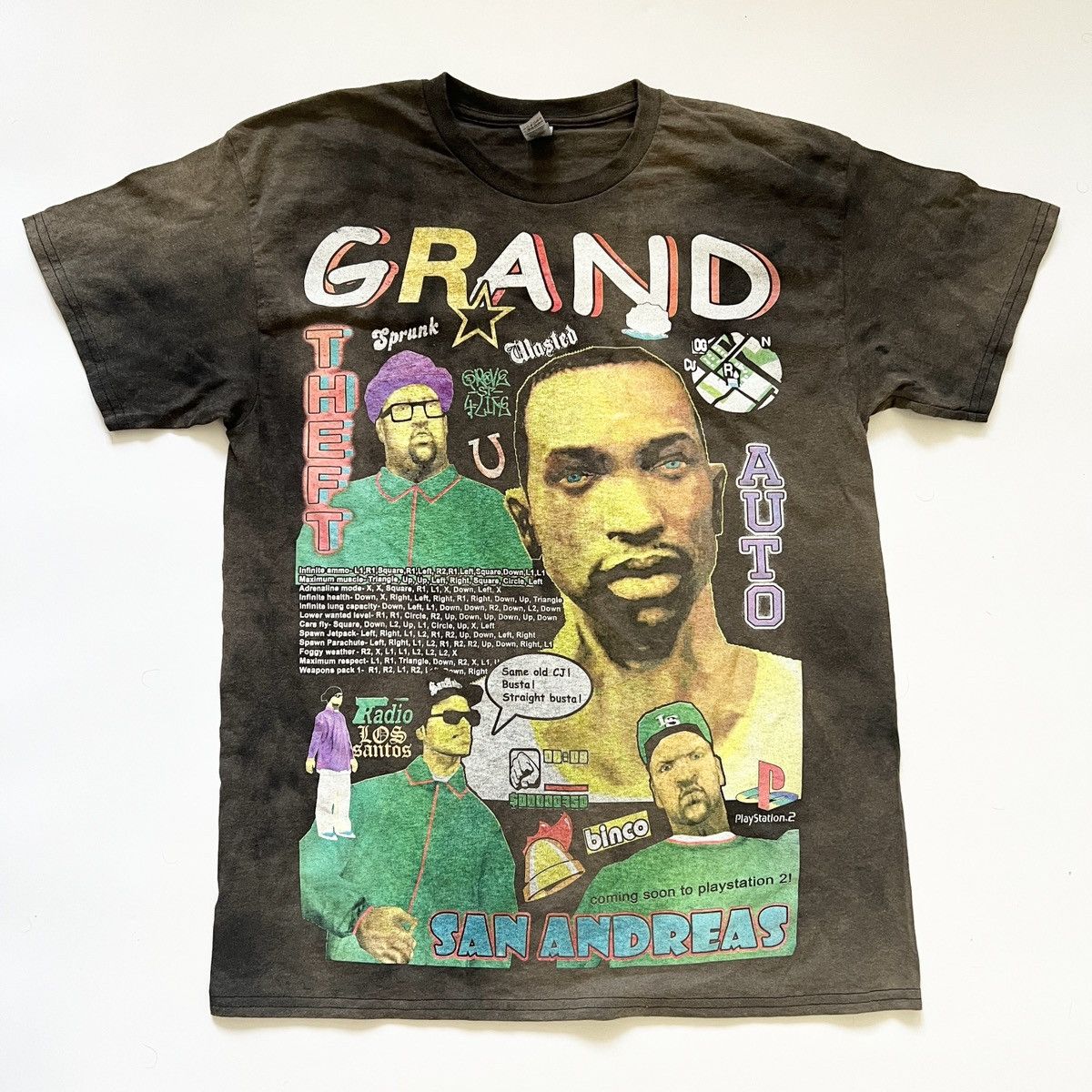 image of Gta San Andreas Faded Bootleg T-Shirt Y2K Rap Tee Ps1 Ps2 in Faded Black, Men's (Size Large)