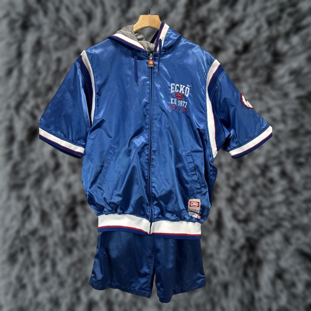 Vtg Y2K Ecko Unltd 2 Pc Satin Short Set XL Mens Blue Jacket Boxing Hip Hop FLAWS