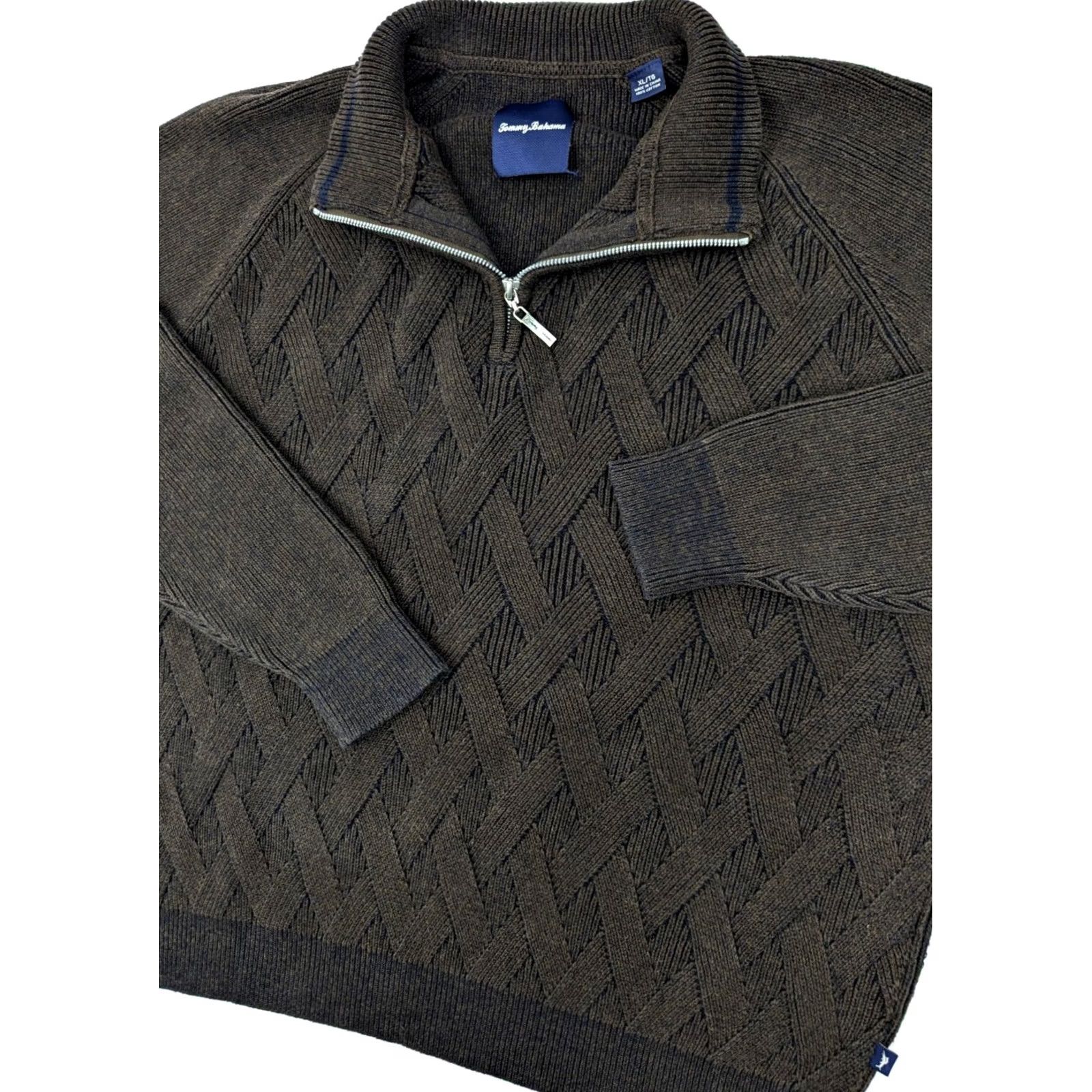Tommy Bahama Tommy Bahama Cross Knit Cotton Midweight Sweater Men XL Raglan 1/2 Zip Mock Neck Brown Knit Pullover Size US XL / EU 56 / 4 - 2 Thumbnail