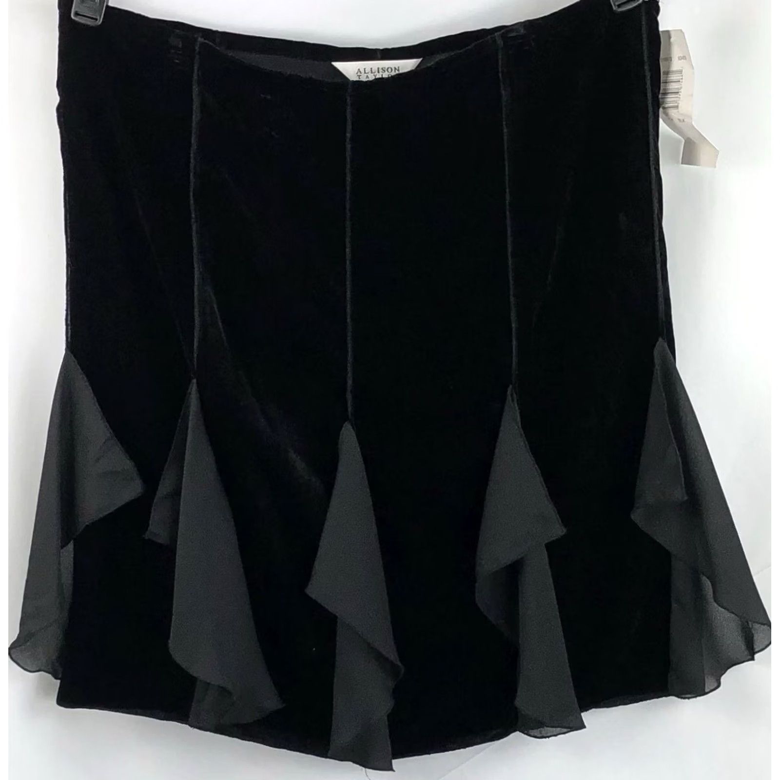 Vintage Allison Taylor Velvet Chiffon Skirt L Black Gothic Fairy Flutter Accents Knee Length Women's Size 36" / US 14 / IT 50 - 4 Thumbnail