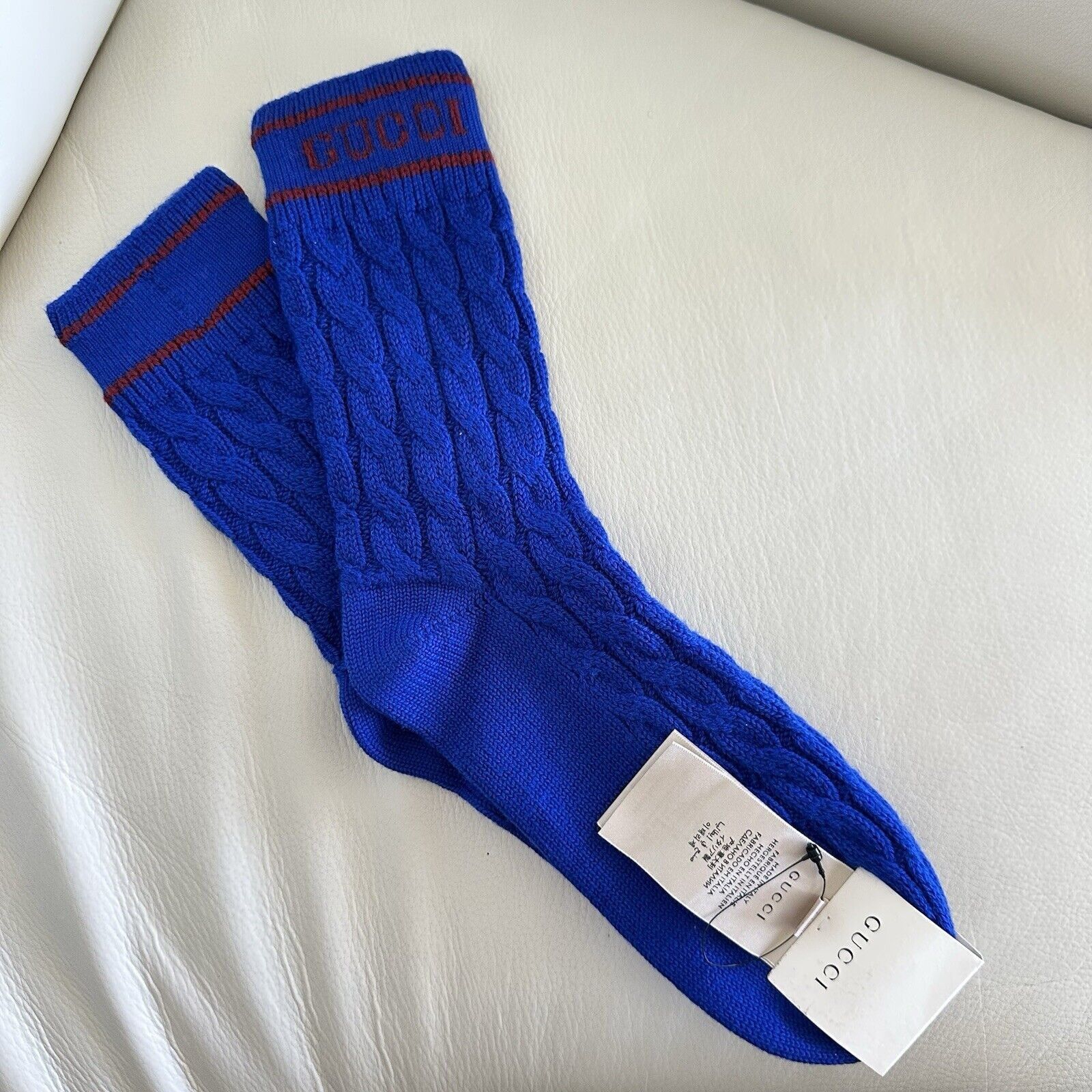 Gucci NWT GUCCI CABLE KNIT SOCKS BLUE RED Ankle SZ M Size ONE SIZE - 2 Thumbnail