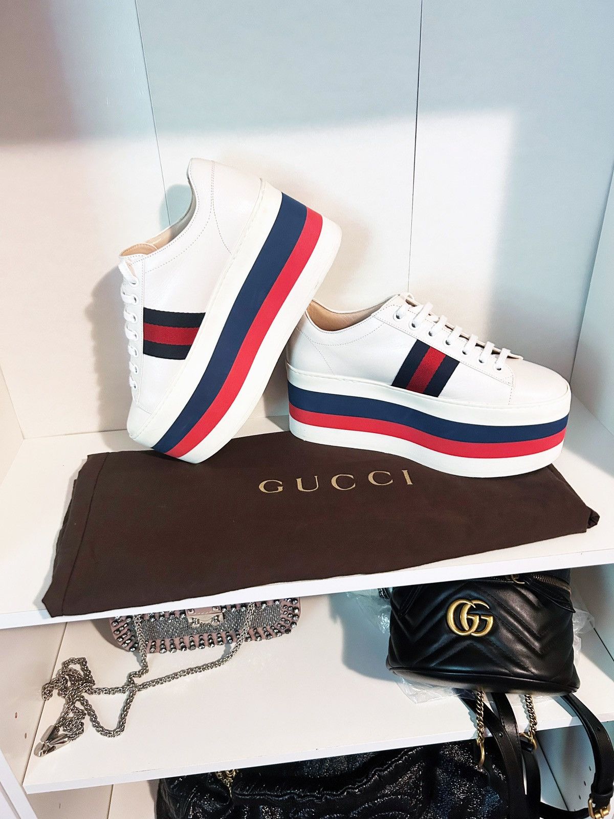 Gucci Authentic Gucci Web Striped Peggy Platform Sneakers 37.5 Size US 7.5 / IT 37.5 - 3 Thumbnail