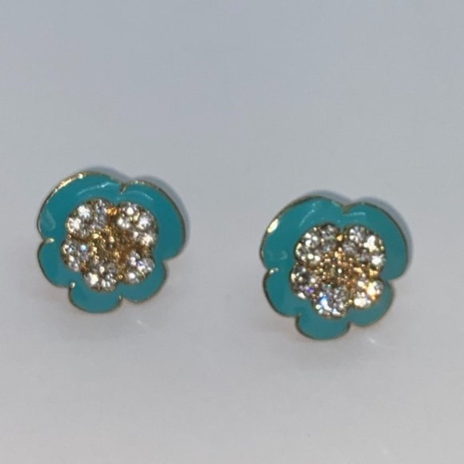 Handmade Gold-Tone Blue Clear Rhinestone Flower Stud Earrings Size ONE SIZE - 4 Thumbnail