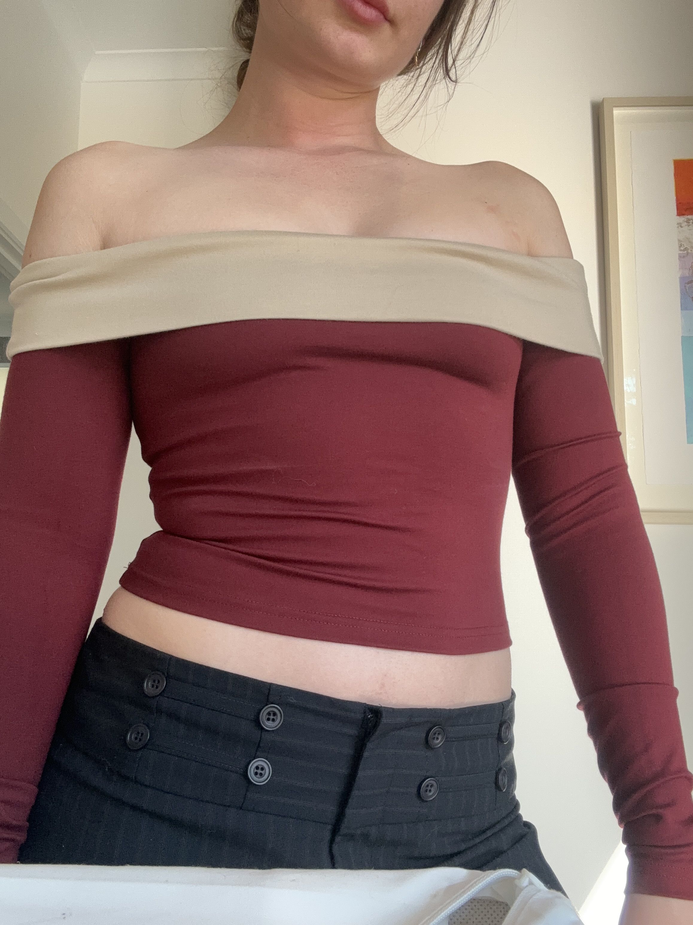 Urban Outfitters Burgundy & Cream off the shoulder long sleeve crop top. Size XS / US 0-2 / IT 36-38 - 1 Thumbnail