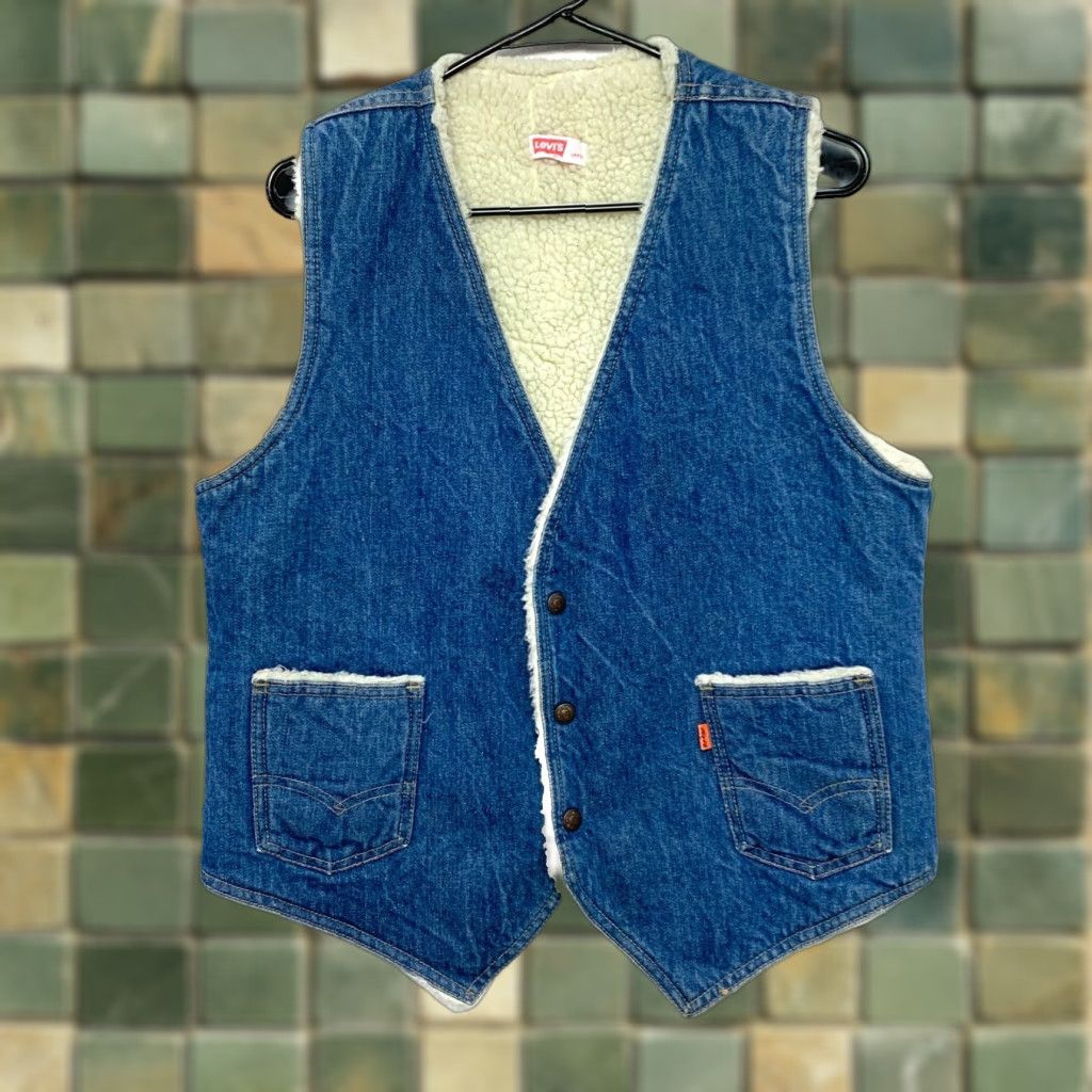 Levi's VINTAGE Levi's Denim Jean Sherpa Vest Large Orange Tab Western Rockabilly Shirt/Coat Mens Size US 33 - 1 Thumbnail