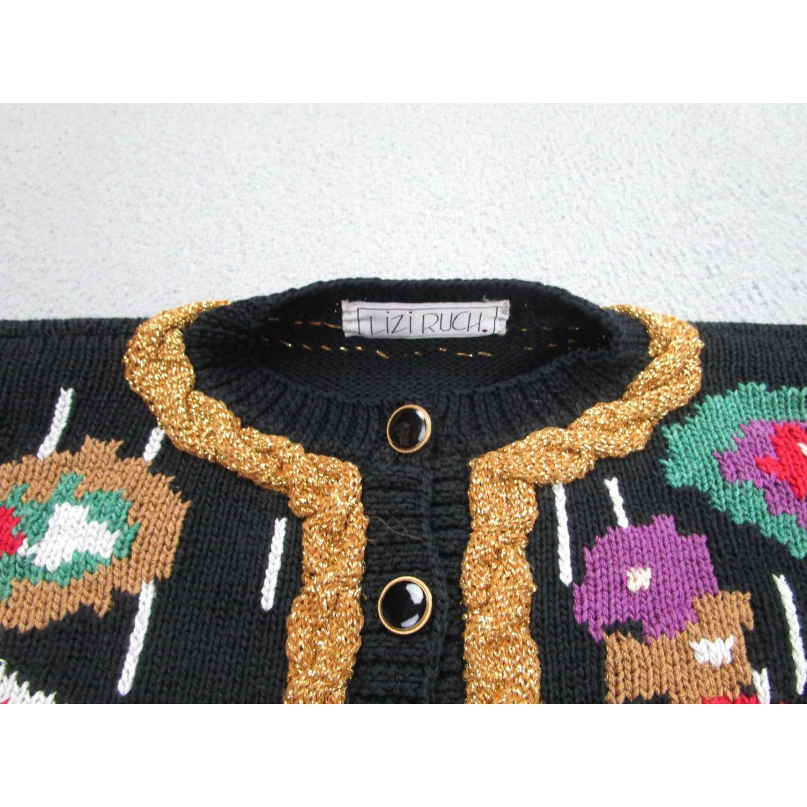 Vintage VINTAGE Lizi Ruch Sweater Cardigan Womens XL Black Floral Puff Sleeve 90s Vintage Tie? Size XL / US 12-14 / IT 48-50 - 5 Thumbnail