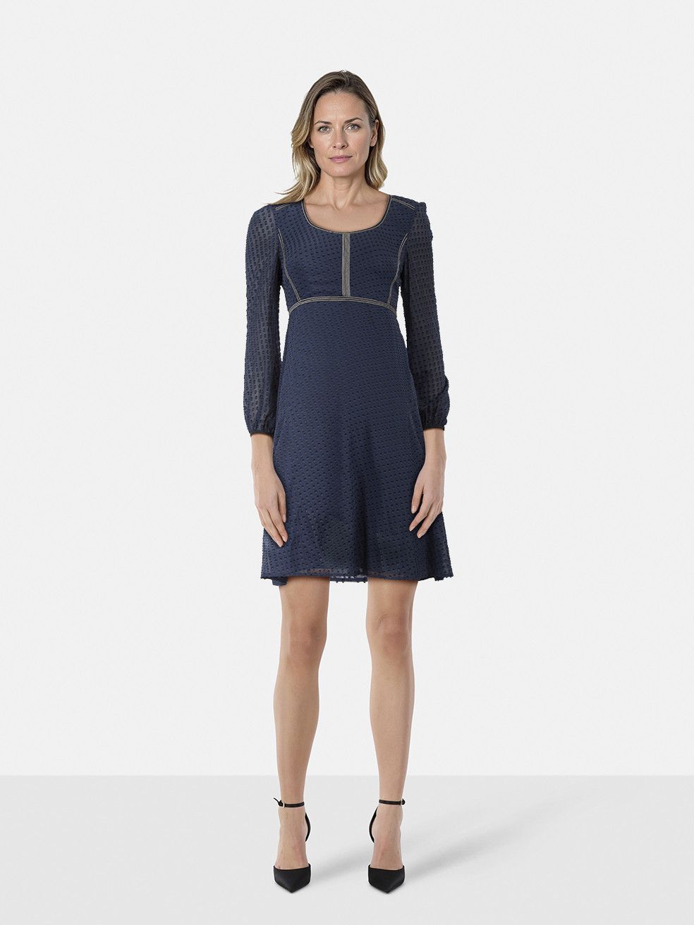Navy Polkadot Jacquard Knee Length Dress