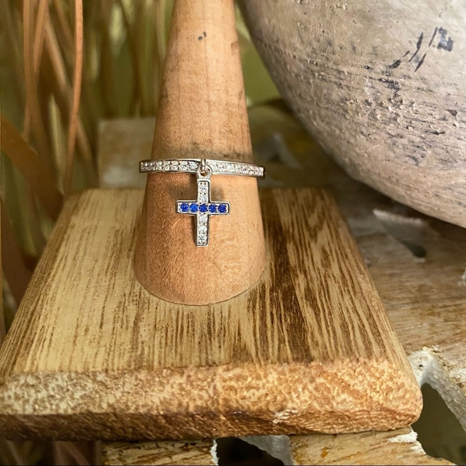 The Unbranded Brand Sapphire CZ Cross Dangle Sterling Silver Ring Size ONE SIZE - 4 Thumbnail