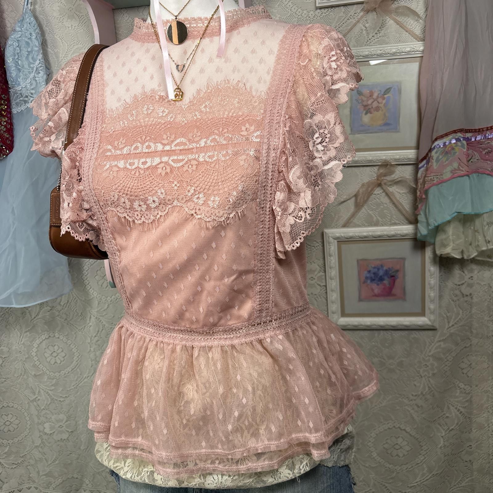 Other vintage lace pink coquette ruffle blouse Size L / US 10 / IT 46 - 3 Thumbnail