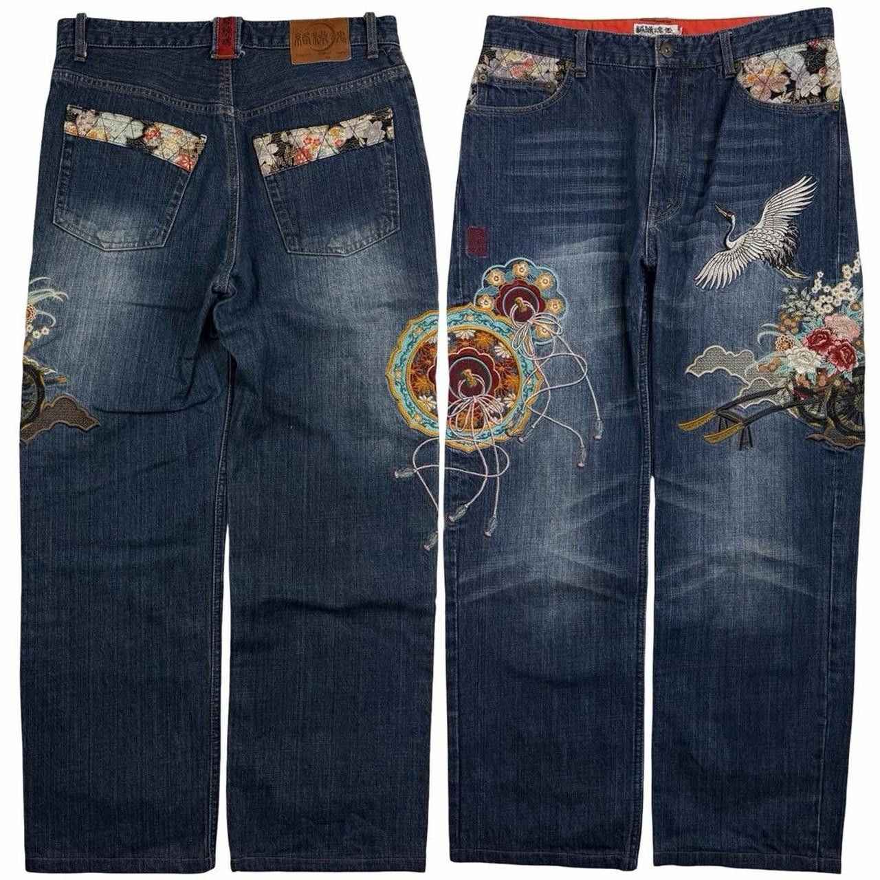 Karakuri Tamashii Karakuri Tamashii Embroidered Floral Japanese Jeans Waist 33 Size US 33 - 1 Thumbnail