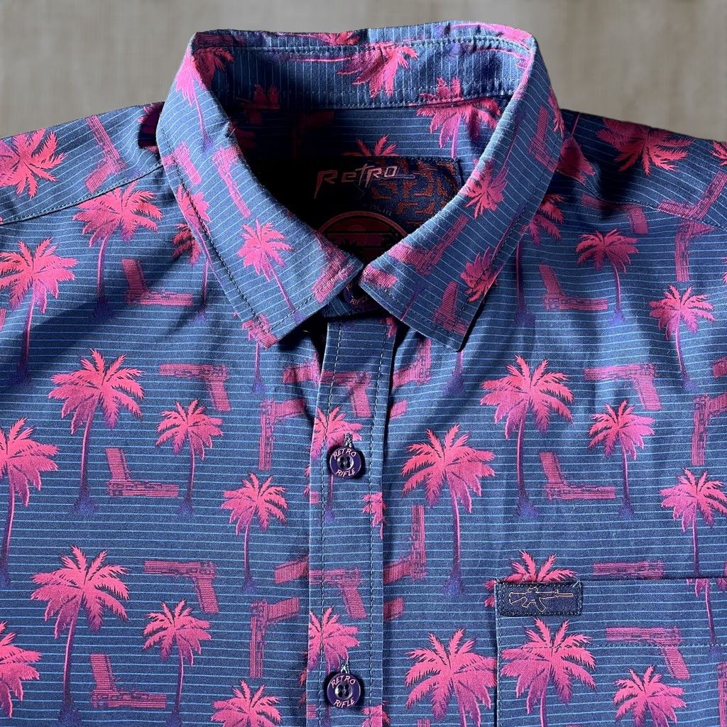 Vintage Retro Rifle Rising Palm Shirt Mens Small Blue Palm Tree Pistol Print Stretch Shirt Size US S / EU 44-46 / 1 - 1 Thumbnail