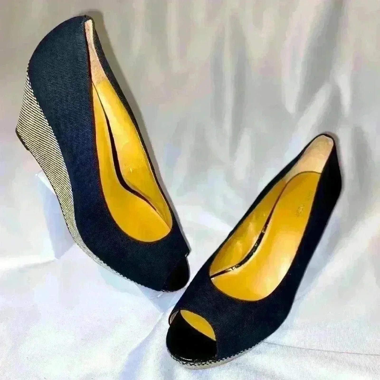 Nine West Nine West Cheerful Platform Wedge Navy Blue Canvas Peep Toe Size US 10 / IT 40 - 2 Thumbnail