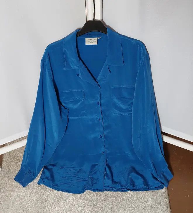 Image of H&M 100% Silk Shirt Blue Luxury Soft Vintage Classy Unique, Women's (Size XL)