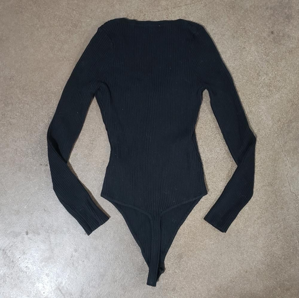 Designer Black Button Detailed Long Sleeve Thong Bodysuit Size M / US 6-8 / IT 42-44 - 2 Thumbnail