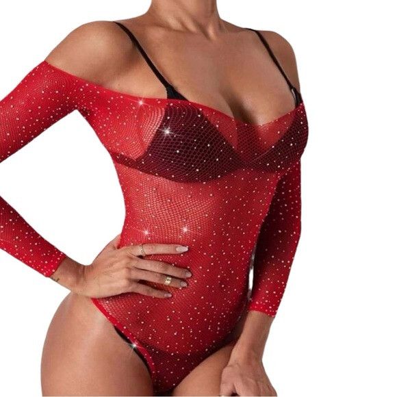 Other Women Red Bodysuit Hollow Out Bodystocking Without Underwear Size ONE SIZE - 2 Thumbnail
