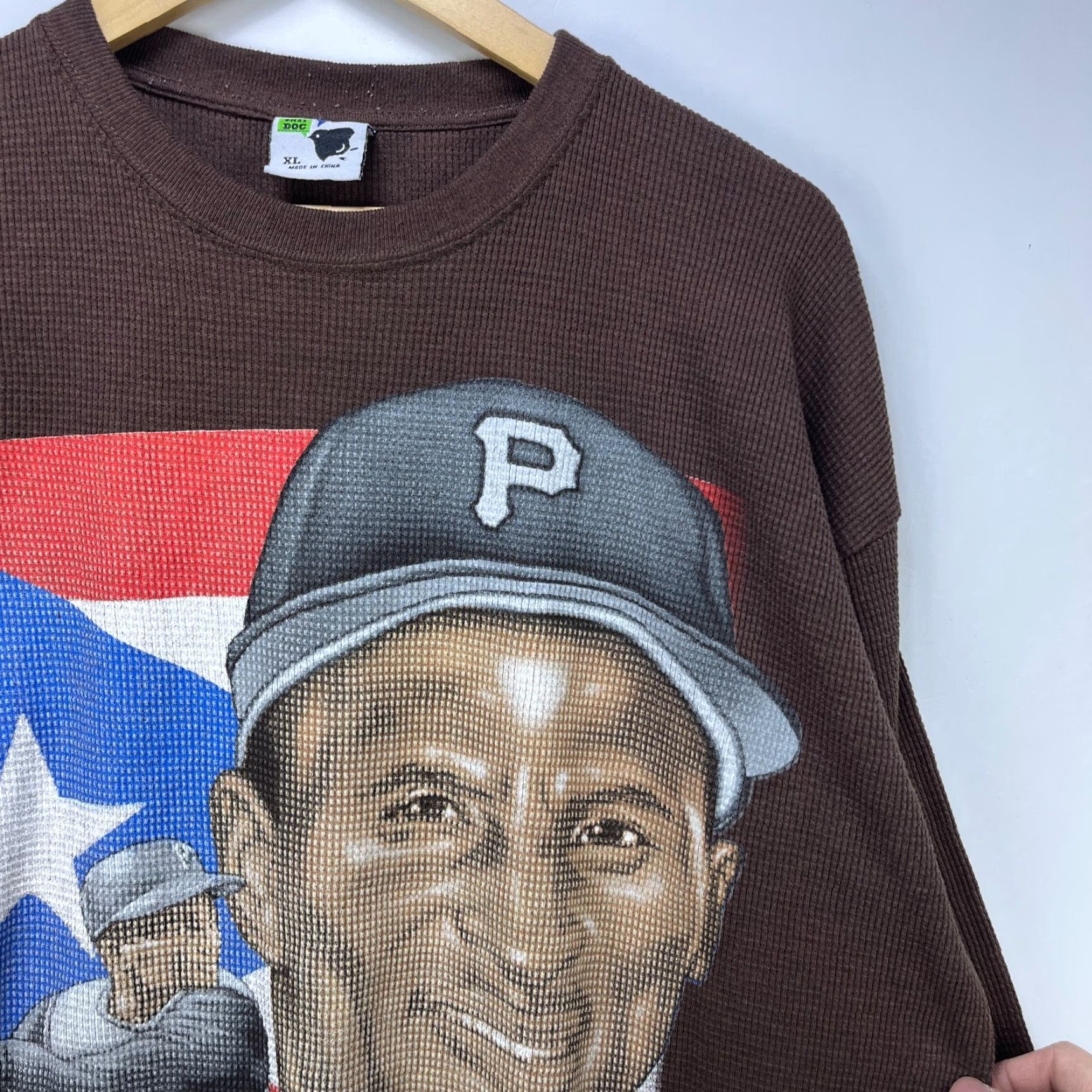 VINTAGE Roberto Clemente Big Print Long Sleeve Thermal Shirt XL Pirates