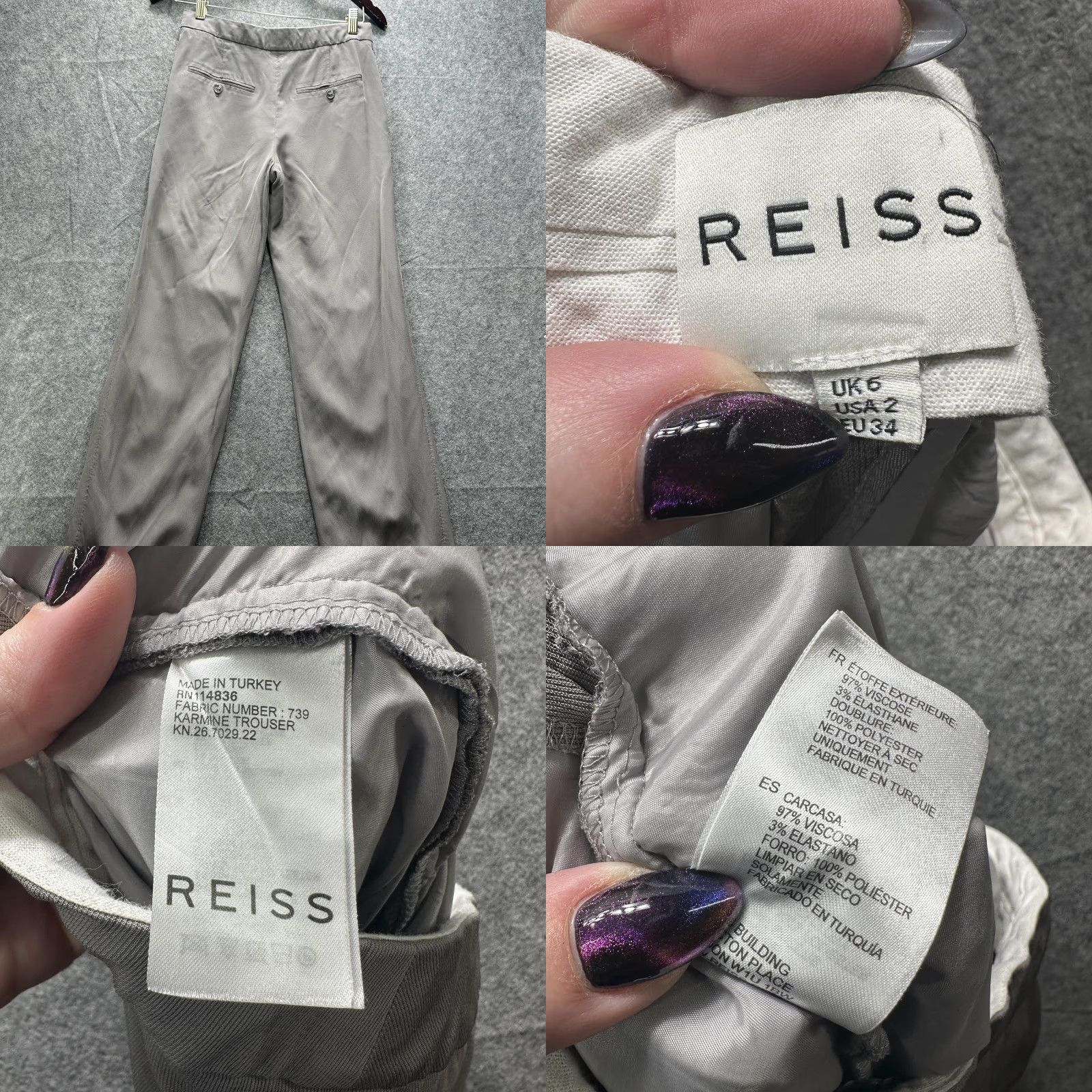 Reiss Reiss Karmine Pants Womens 2 Gray Straight Leg Dress Trousers Lined Stretch Size 26" / US 2 / IT 38 - 11 Thumbnail