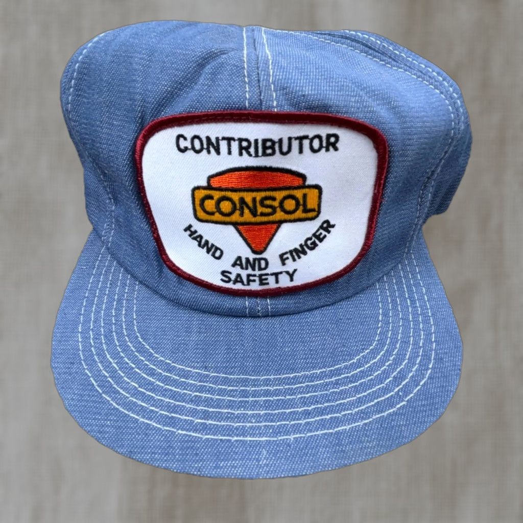 Coal VINTAGE Consol Hat Cap Trucker Denim Snap Back USA Patch Coal Mining Jean 80s EE Size US 35 - 1 Thumbnail