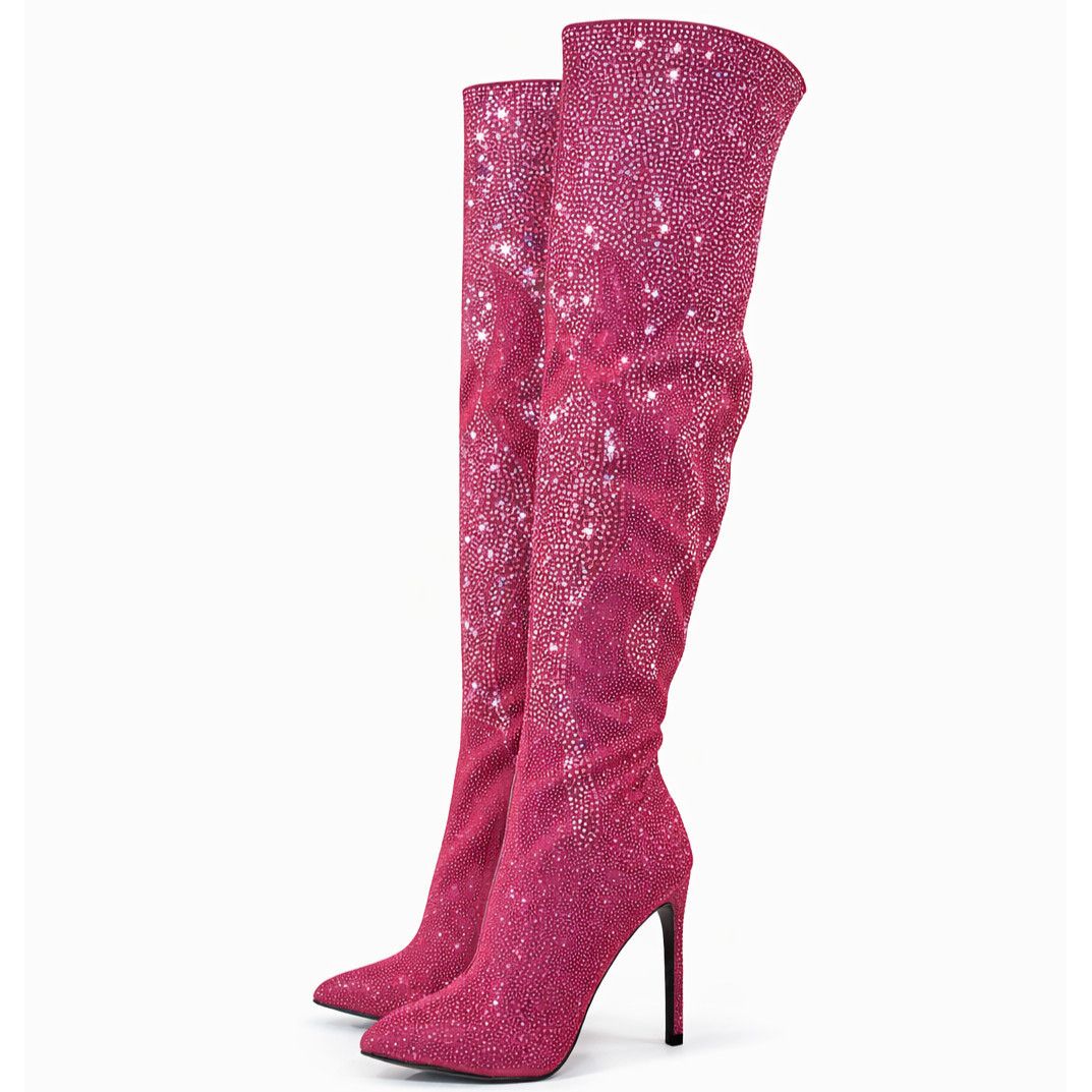 Other Like It Hot Fuchsia Rhinestone Flame Detail Sexy OTK High He Size US 7.5 / IT 37.5 - 3 Thumbnail