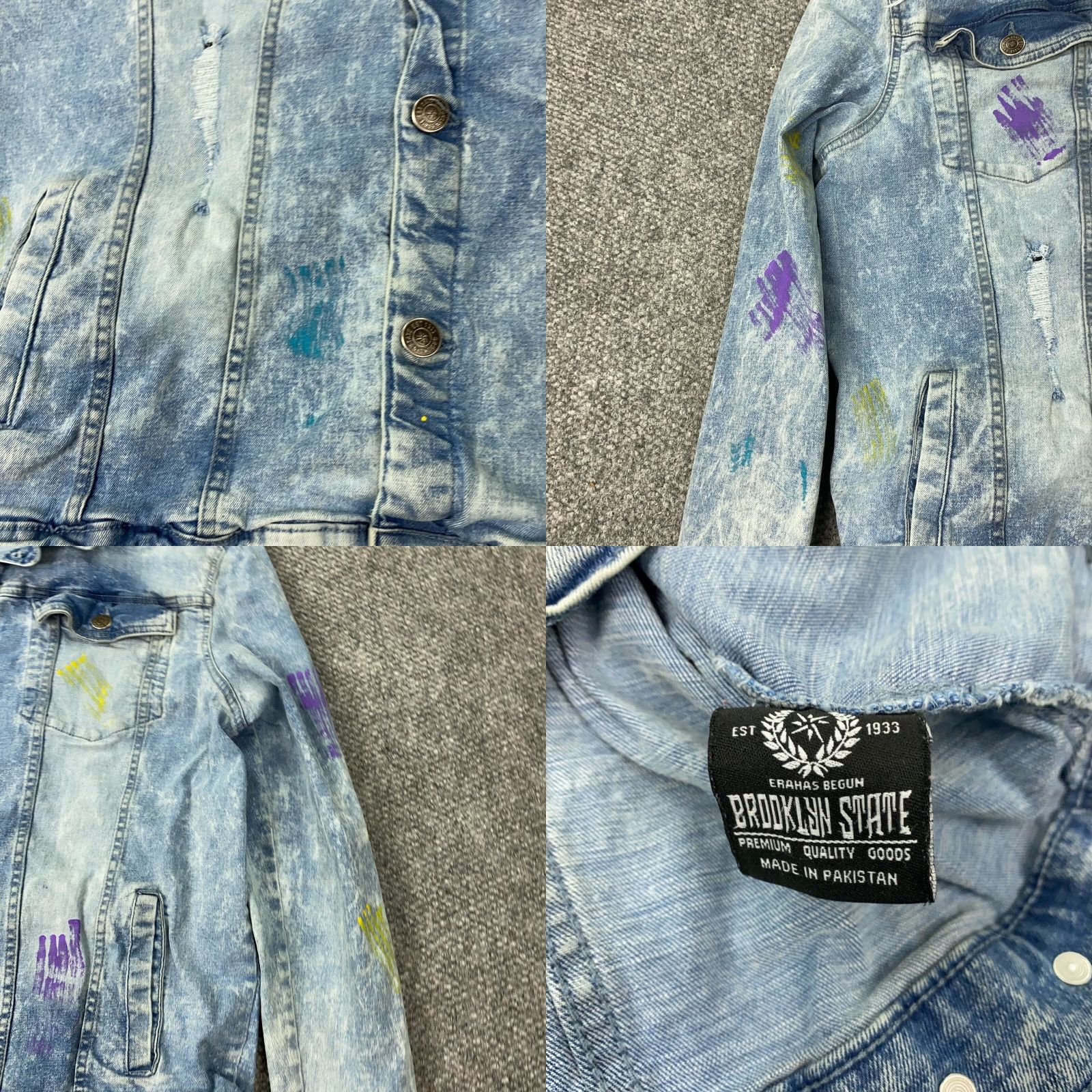 Vintage Brooklyn State Denim Trucker Jacket Mens 2XL Blue Denim Solid Distressed Paint Splatter Casual Wearers Mens Size US XXL / EU 58 / 5 - 8 Thumbnail
