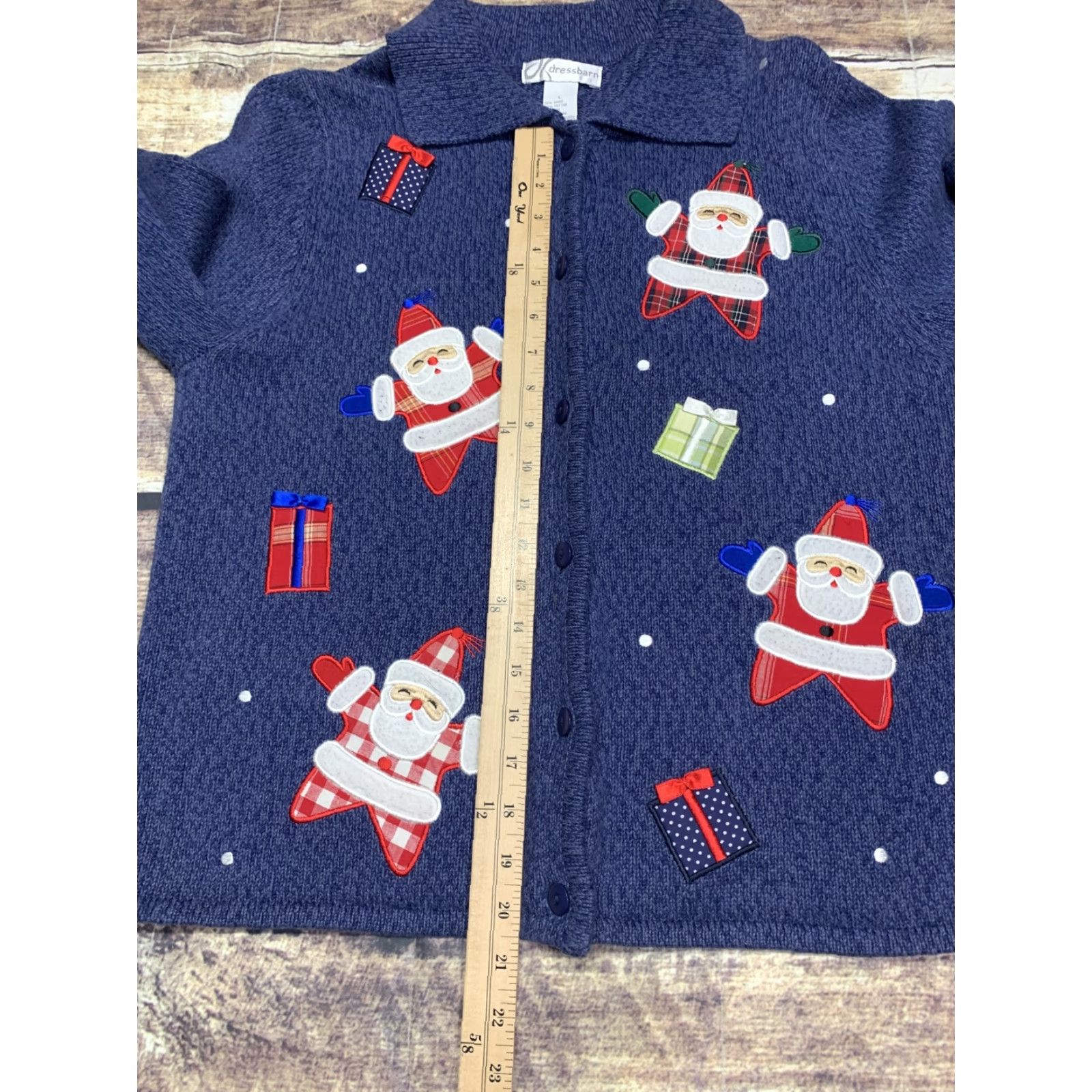 Vintage Dressbarn Women’s Large Ugly Christmas Sweater Dress Blue Santa Claus Presents Cardigan Knit Holiday Womens Long Sleeve Crewneck Christmas - Size L / US 10 / IT 46 - 4 Thumbnail