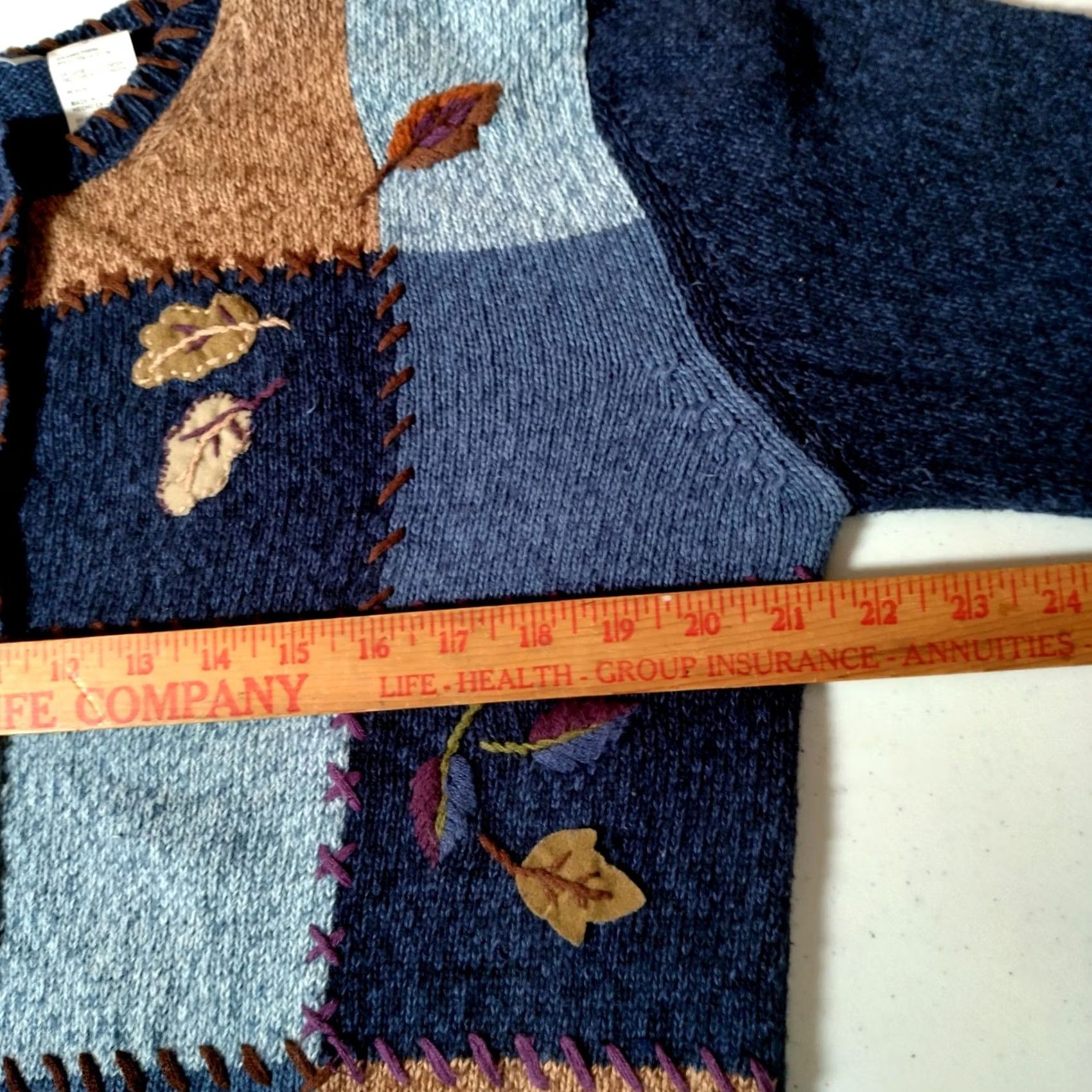 CO VINTAGE Erika And Co Cardigan Sweater Women L Patchwork Blue Brown Fall Leaves Leaf Size L / US 10 / IT 46 - 5 Thumbnail