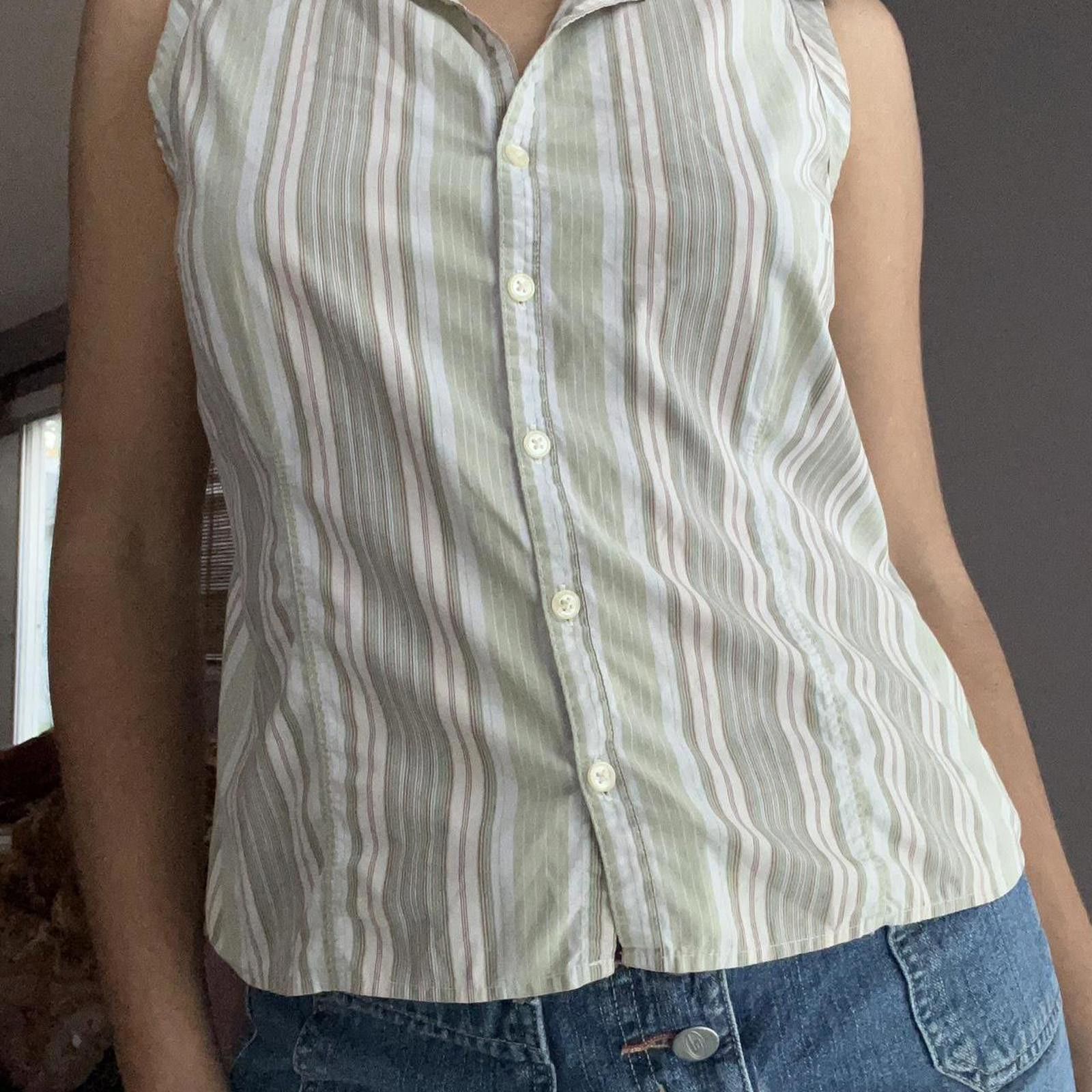 Old Navy Sleeveless collared white and green striped blouse Size S / US 4 / IT 40 - 2 Thumbnail