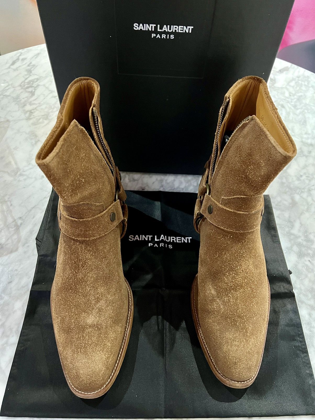 image of Saint Laurent Paris Wyatt Biker Boots Dark Brown Suede, Men's (Size 7)