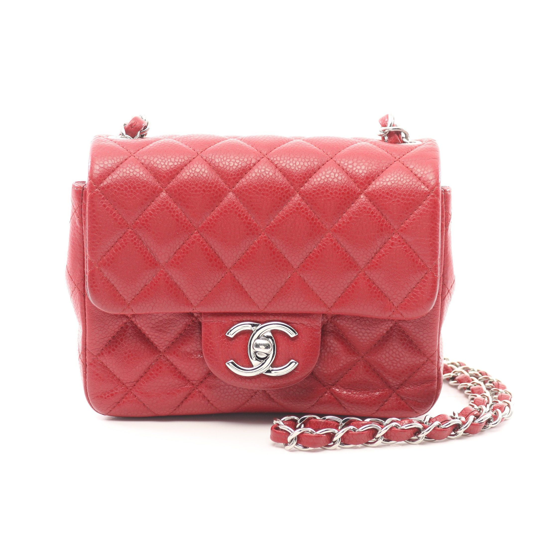 Chanel Mini Matelasse Chain Shoulder Bag Caviar Skin Red Silver Hardware