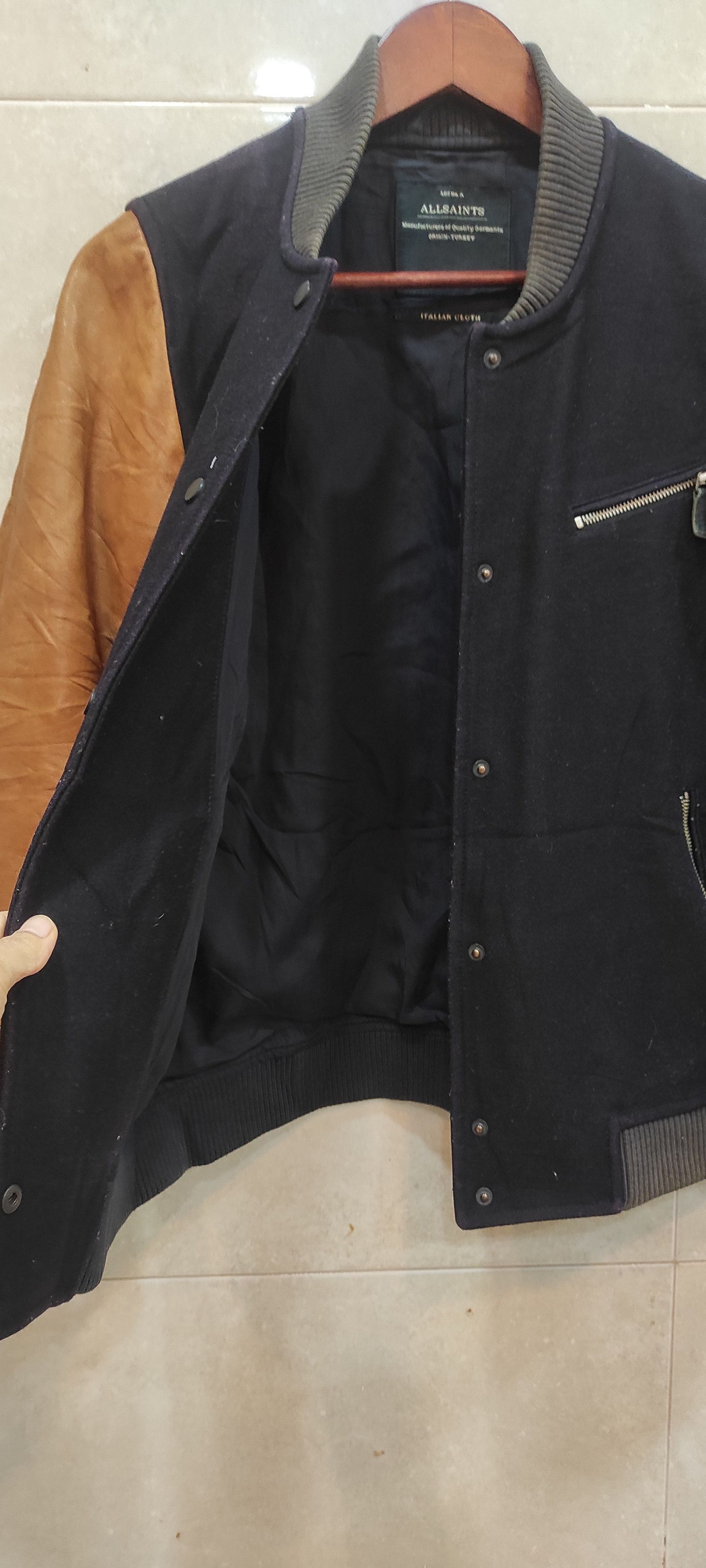 Allsaints All Saints Biwa Navy Tan Wool Leather Blend Bomber Jacket Size S / US 4 / IT 40 - 7 Thumbnail