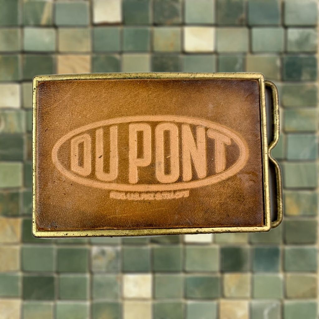 Vintage VINTAGE Dupont Leather Metal Rectangle Belt Buckle Belt Buckle Brown 1980s Occupational Adult Unisex Mens Womens Boys Girls Size ONE SIZE - 1 Thumbnail