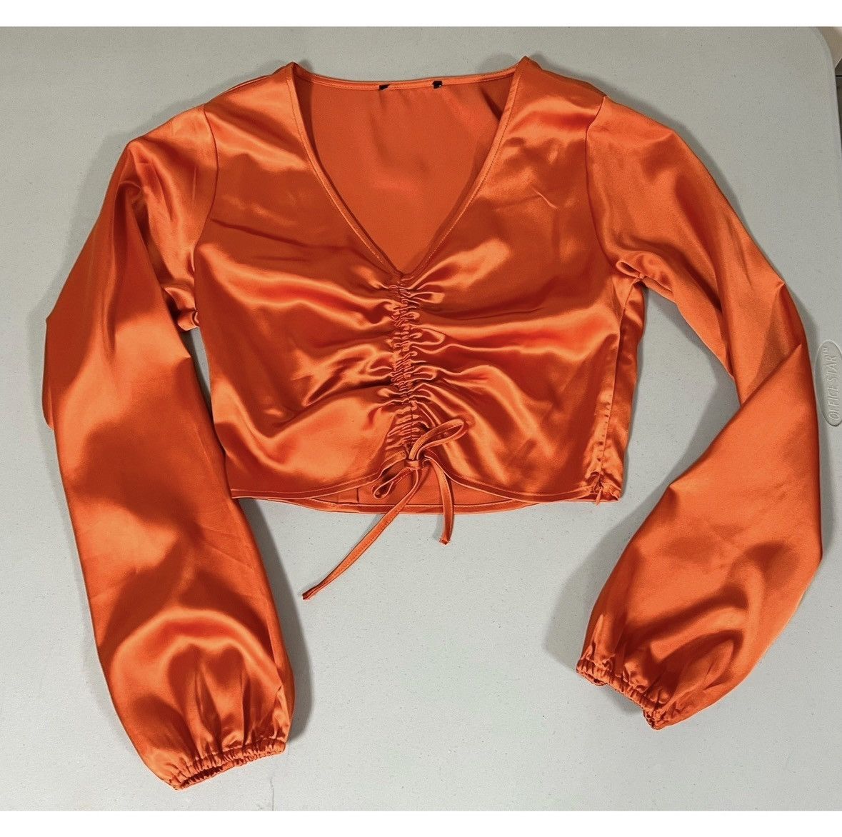 Vintage Orange Silk Satin V-Neck Ruched Top Shirt Blouse Size M 🍊 Size M / US 6-8 / IT 42-44 - 2 Thumbnail