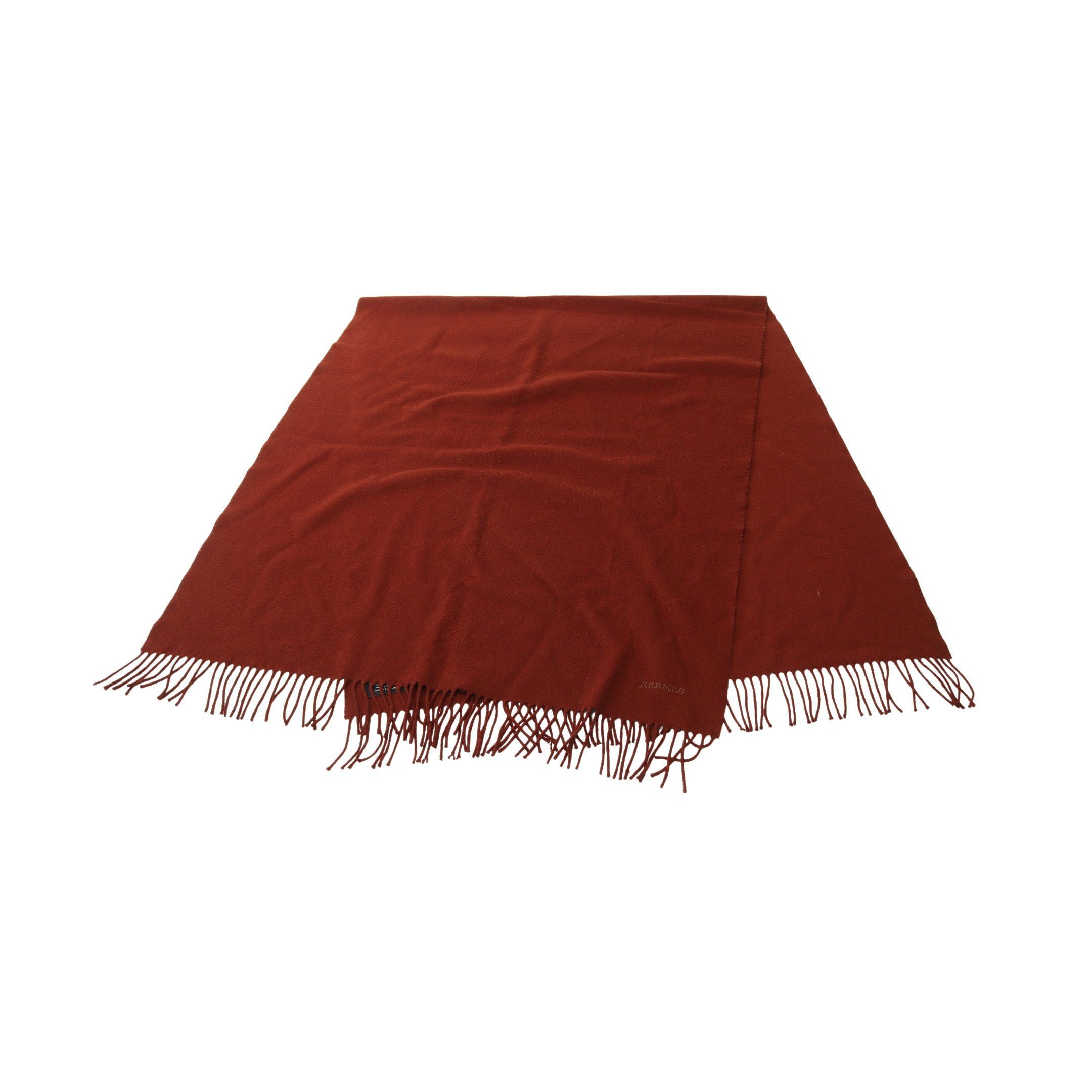 Hermes Scarf Stall Logo Embroidery Cashmere Brown