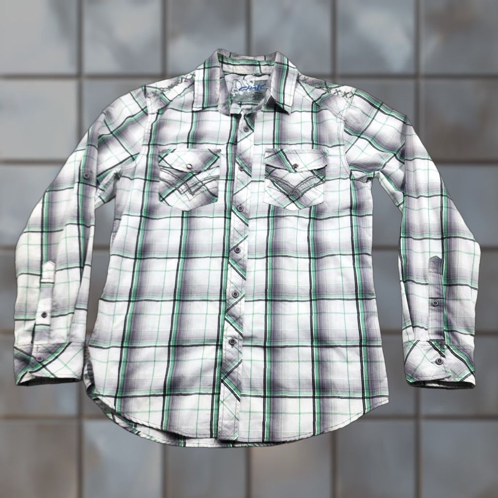 Vintage Chale Shirt Mens Small Green Gray White Plaid Long Sleeve Button Up Western Shirt Size US S / EU 44-46 / 1 - 1 Thumbnail