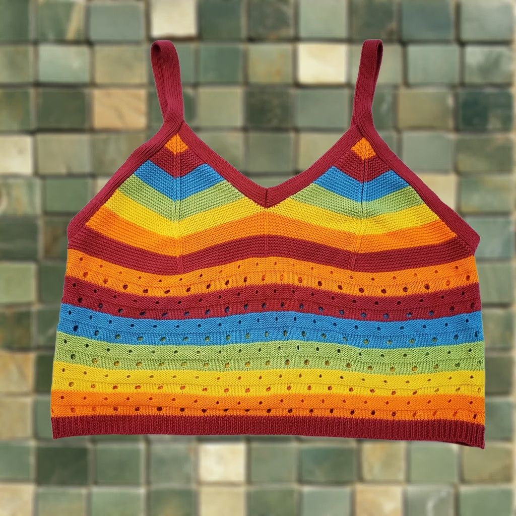 Rainbow Womens Rainbow Neon Knit Crochet Cropped Tank Top L Multicolor V-Neck Sleeveless Cropped Casual Hippie Boho Summer/Party Womens Size L / US 10 / IT 46 - 1 Thumbnail