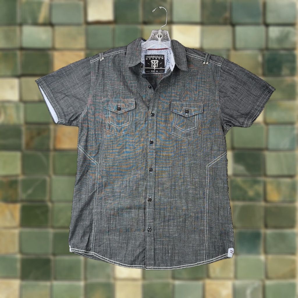 Vintage Tranquility Mayhem Mens Short Sleeve Button Up Shirt with Pockets Gray Size M Size US 31 - 1 Thumbnail