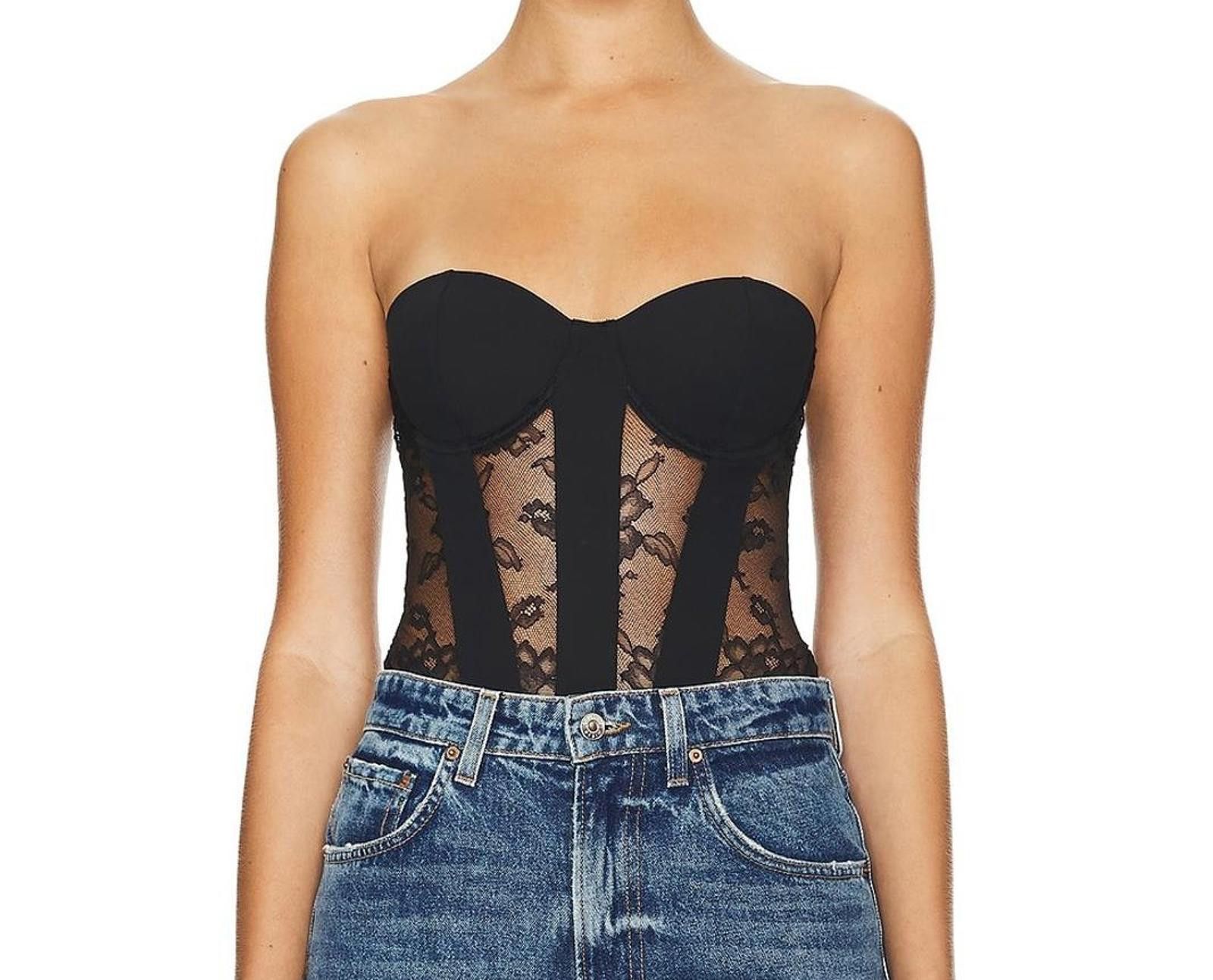 Fleur du Mal Fleur du mal- Elegant Black Lace Bustier Bodysuit Size ONE SIZE - 1 Thumbnail