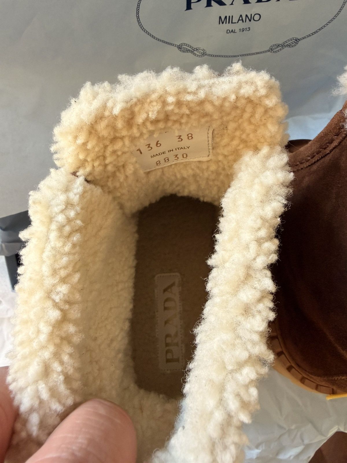 Prada BNWT $1450 Prada Brown Suede Leather Lambskin Fur Boots Size US 8 / IT 38 - 16 Thumbnail