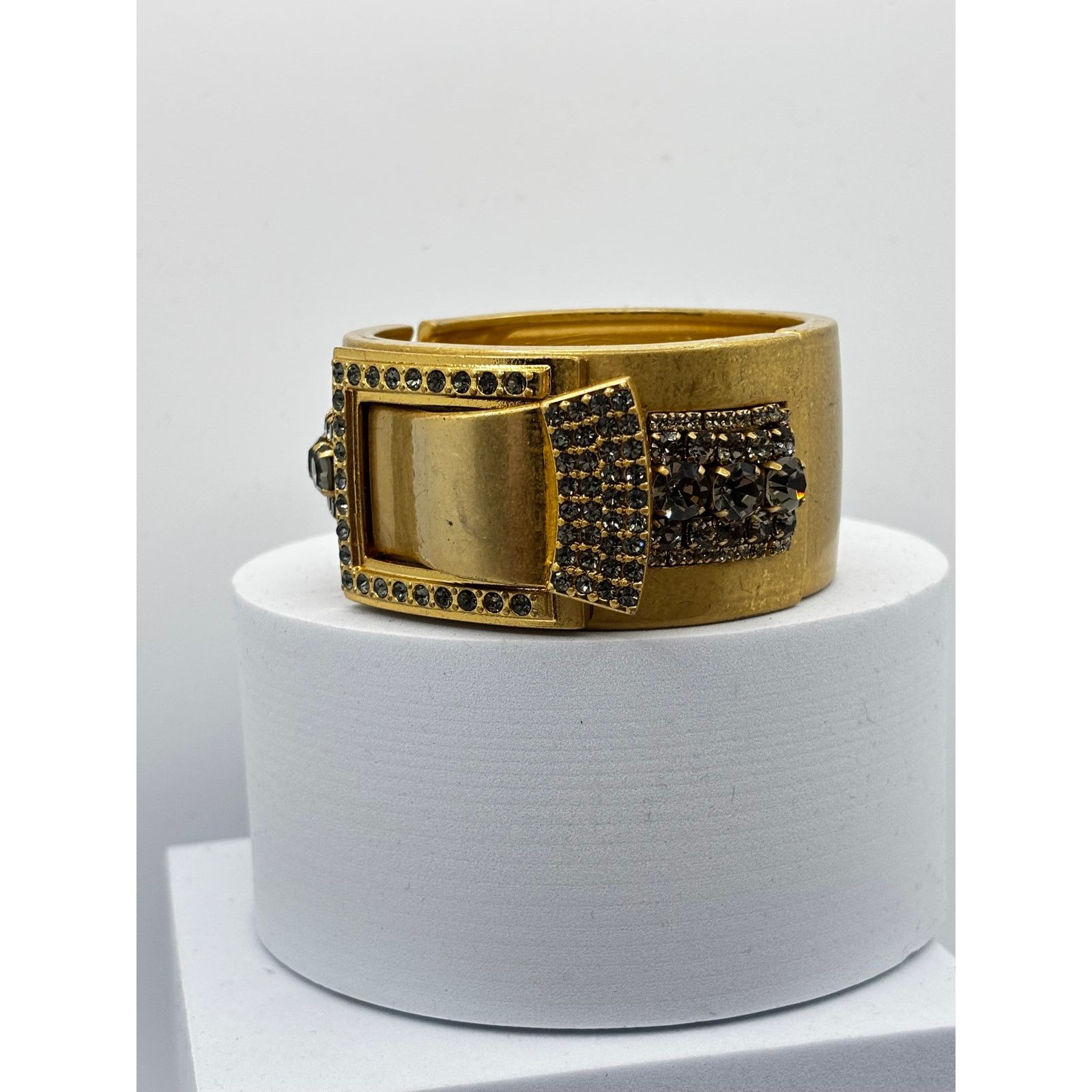 Homemade Brushed Gold Smokey Crystal Bow Hinged Clamper Bracelet 6" Size ONE SIZE - 4 Thumbnail