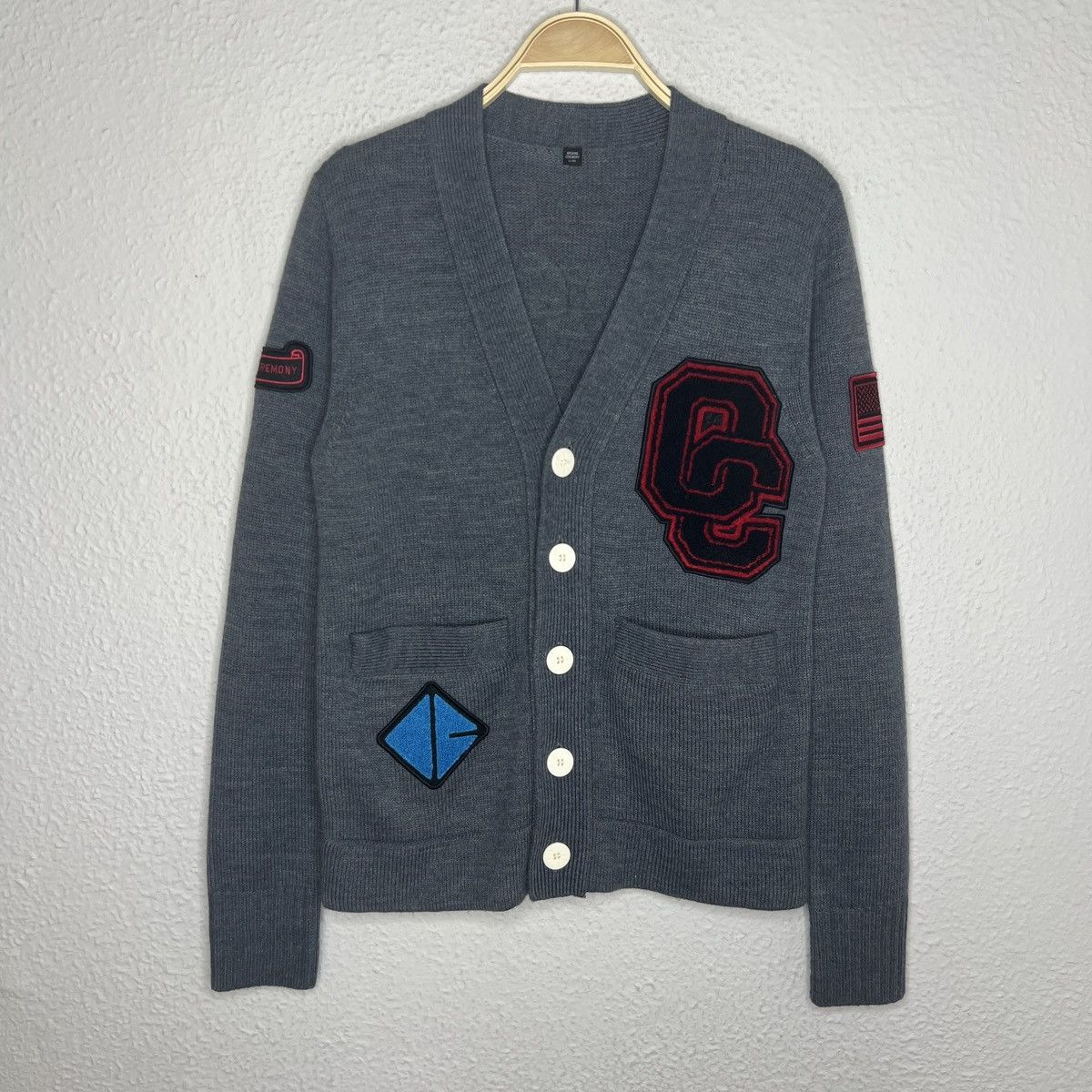 image of Opening Ceremony Varsity Cardigan Knitwear Jumper Sweater in Grey, Men's (Size Medium)