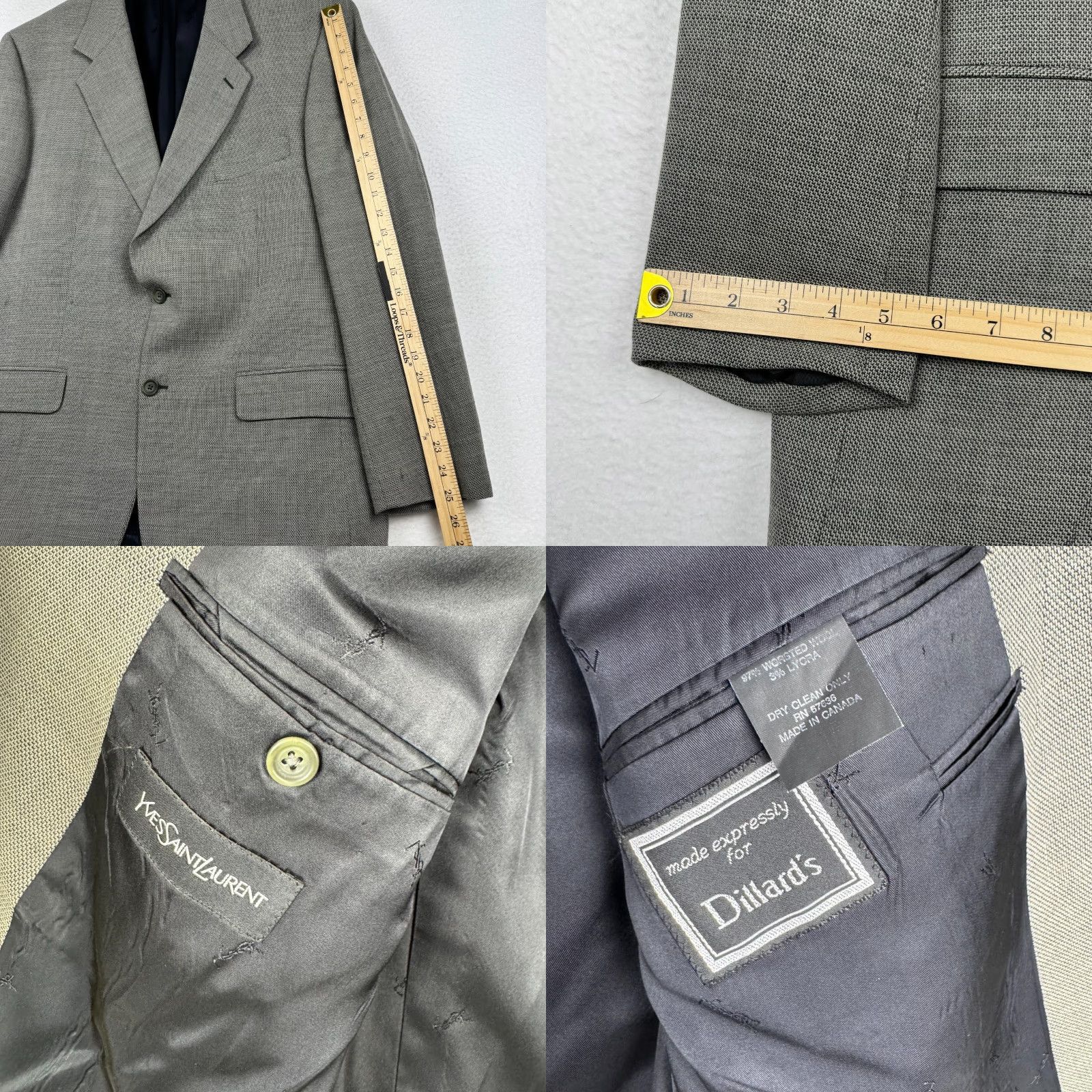 Yves Saint Laurent VINTAGE Yves Saint Laurent YSL Mens Blazer 2 Piece Wool Gray 46 90s Notch Lapel Suit Jacket Coat Regular Size 46R - 10 Thumbnail
