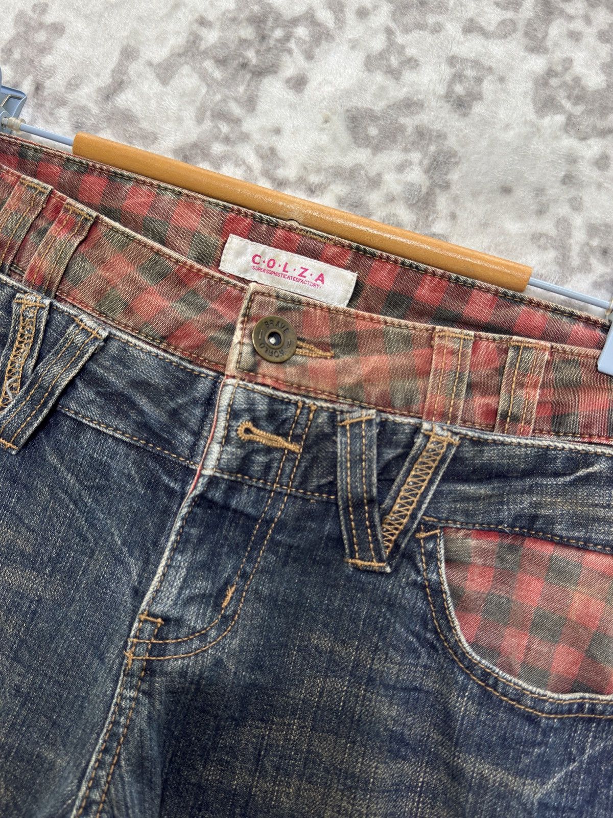 Japanese Brand Colza Y2K Double Waist Distressed Printed back Denim Jeans Size US 31 - 7 Thumbnail