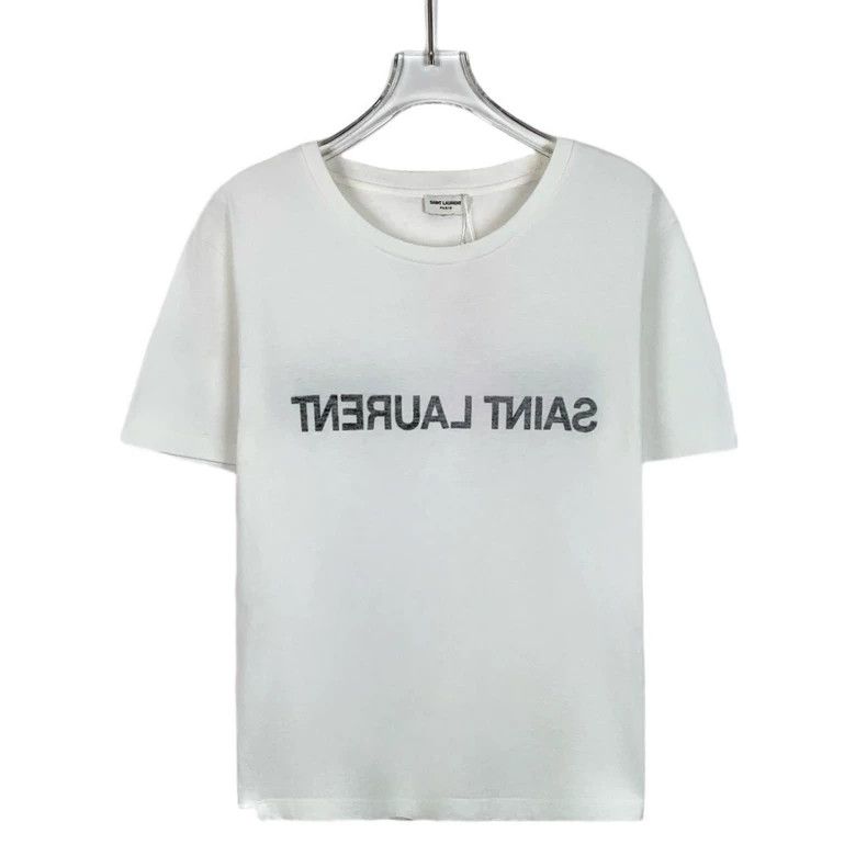Saint Laurent Paris Saint Laurent White monogrammed cotton crewneck messaging T Size US M / EU 48-50 / 2 - 1 Thumbnail