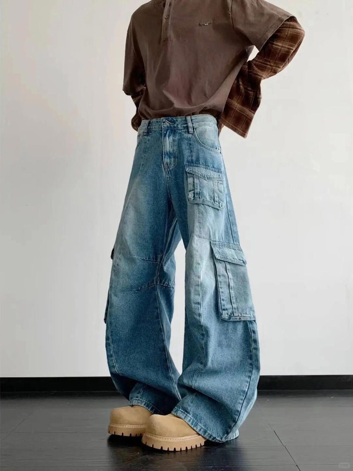 Light Blue Baggy Cargo Jeans Wide Leg Denim Pants