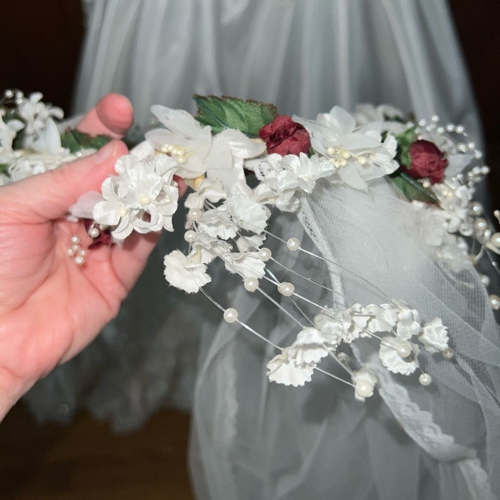 Other Vintage 90s Mori Lee Cathedral Length Wedding Gown & Veil! Size L / US 10 / IT 46 - 5 Thumbnail