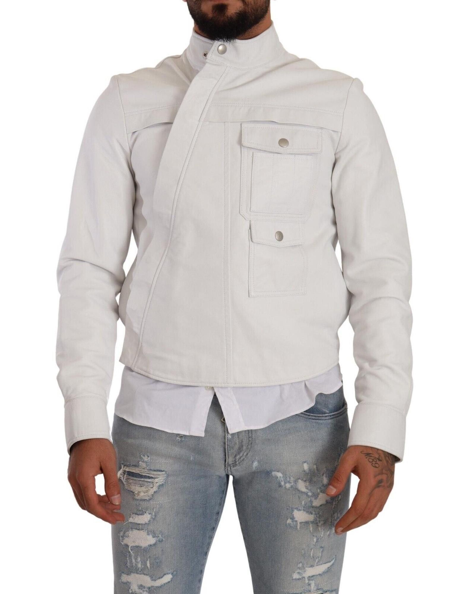 image of Diesel Leather Biker Jacket With Concealed Zipper Closure in White, Men's (Size Small)