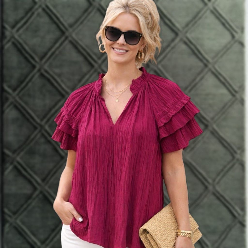 Vintage Chico's Blouse Shirt V-Neck Short Sleeve Flutter Sleeve Pleated Ruffle Polyester Red Pink 6 Regular Women Adjustable Packable All Seasons Size M / US 6-8 / IT 42-44 - 1 Thumbnail