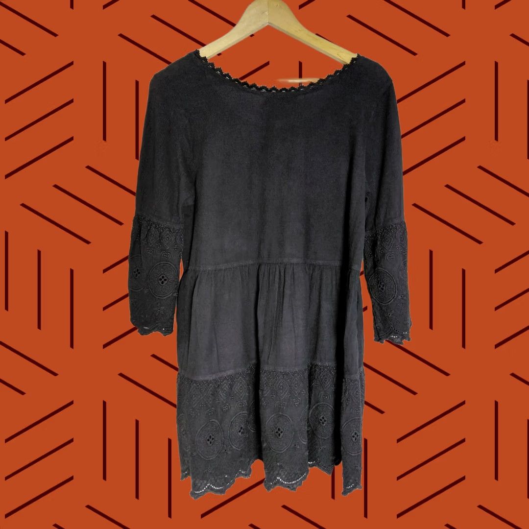 Vintage Gretty Zueger Black Cotton Tunic Top 3/4 Sleeve Women Size S Lace Solid Knit Scoop Neck Casual A-Line Cotton Pullover Made in Peru Size S / US 4 / IT 40 - 1 Thumbnail