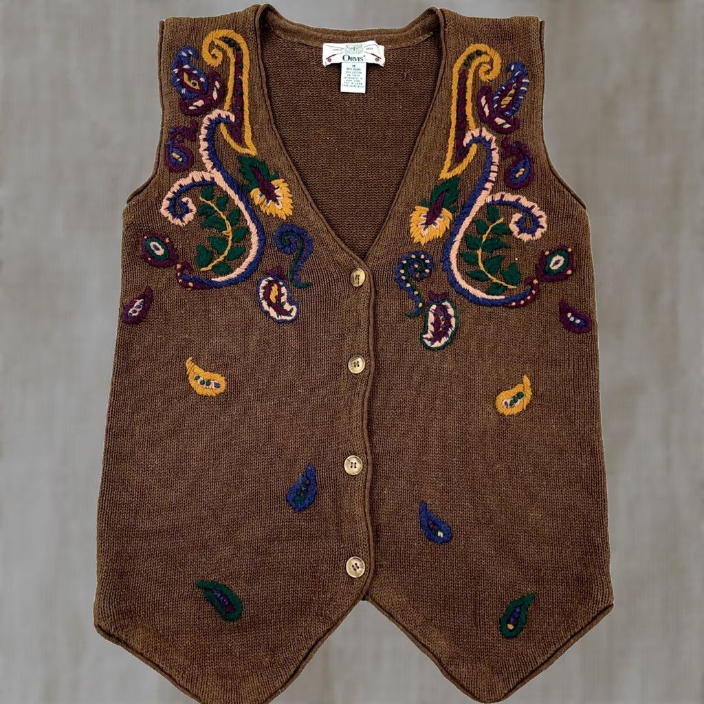 Orvis VINTAGE Orvis Sweater Vest Women M Brown Embroidered 90s Western Outdoor Casual Knit Vest Pocket V-Neck Button Womens Size M / US 6-8 / IT 42-44 - 1 Thumbnail