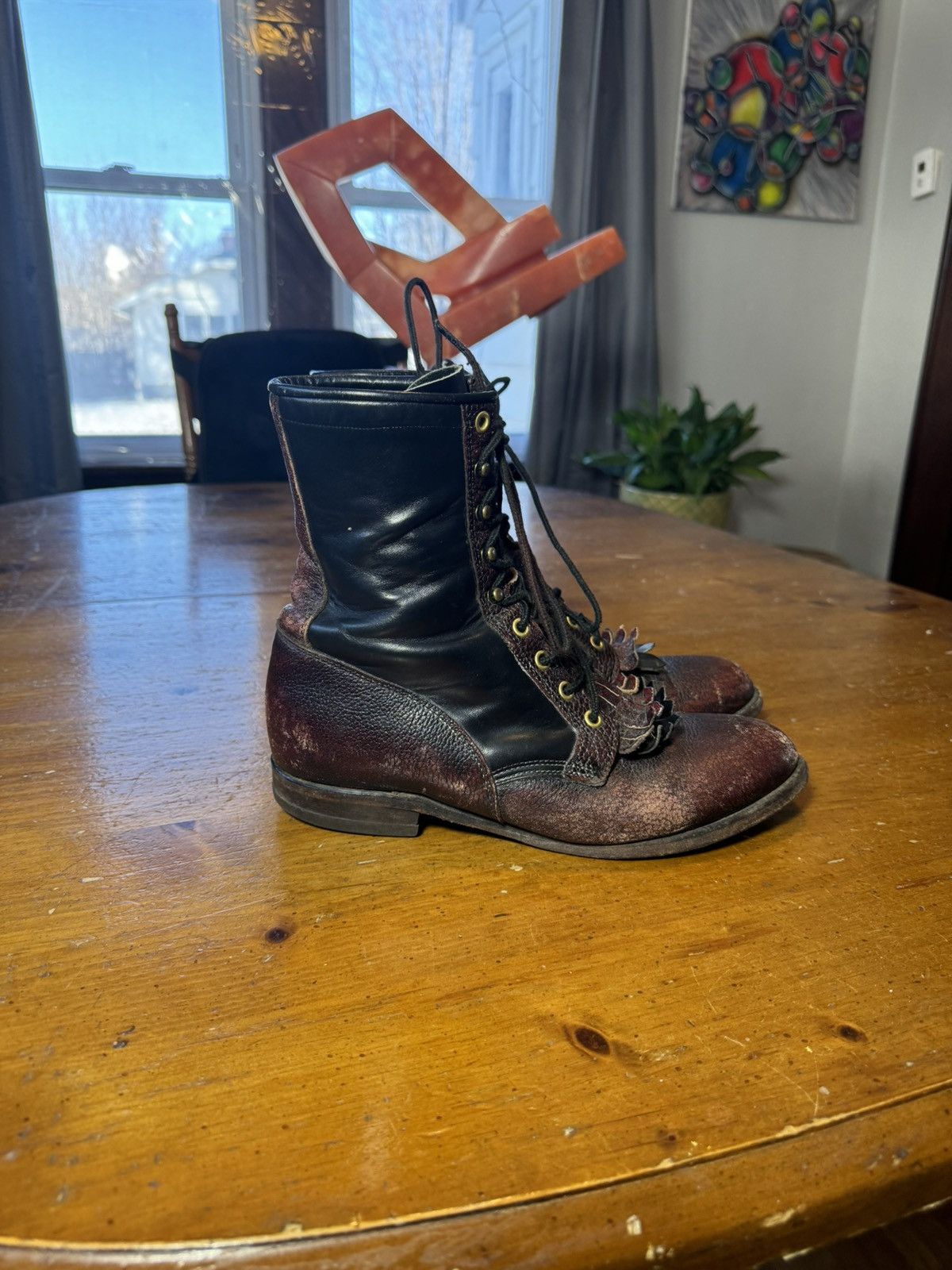 Justin Boots Justin VINTAGE PEBBLED TWO TONE BURGUNDY LACE Cowboy Boots Size US 8.5 / EU 41-42 - 3 Thumbnail